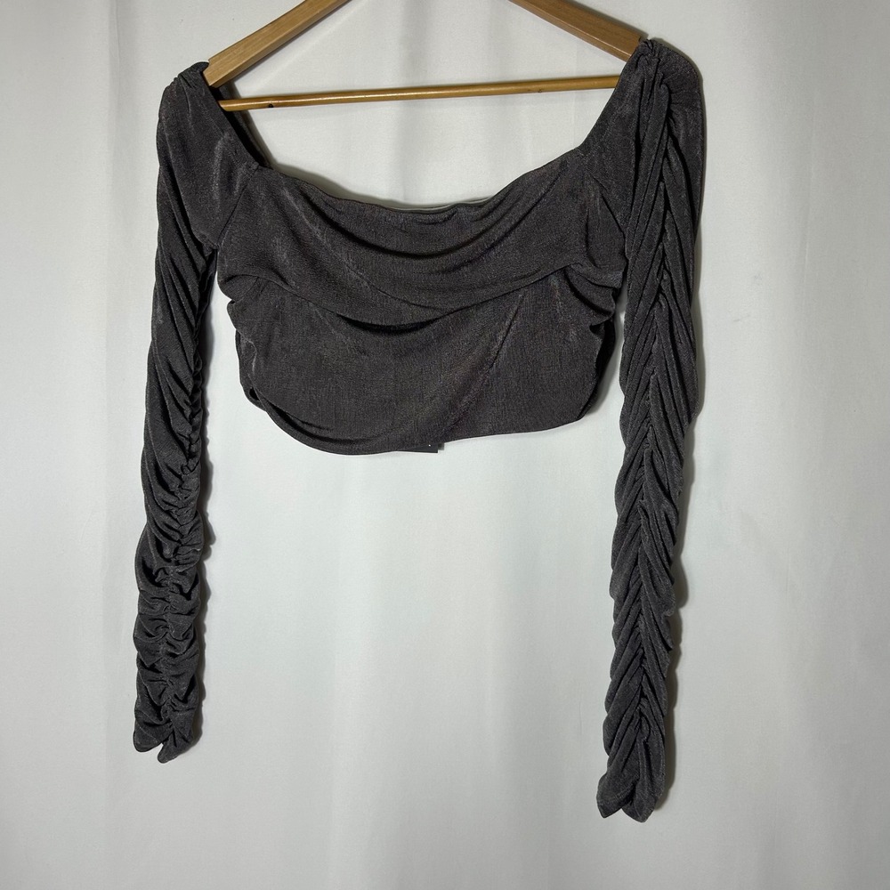 Michael Costello x Revolve NWT Top L Grey Ruched Off Shoulder Crop